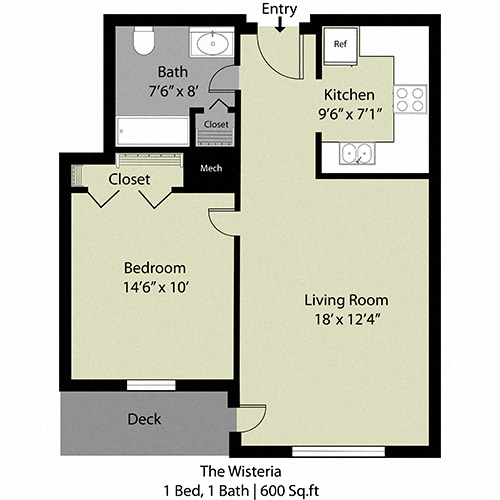 Floor plan for 1 bed, 1 bath, 600 sqft